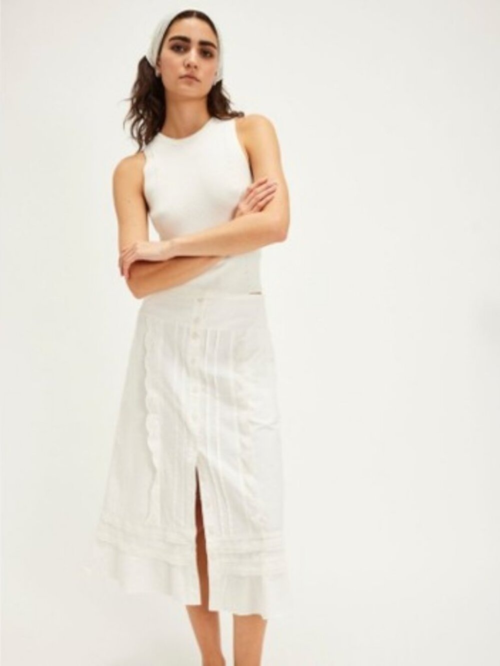 Free People Whitney Midi Skirt White Eyelet Lace Trim Button Front Cotton 8